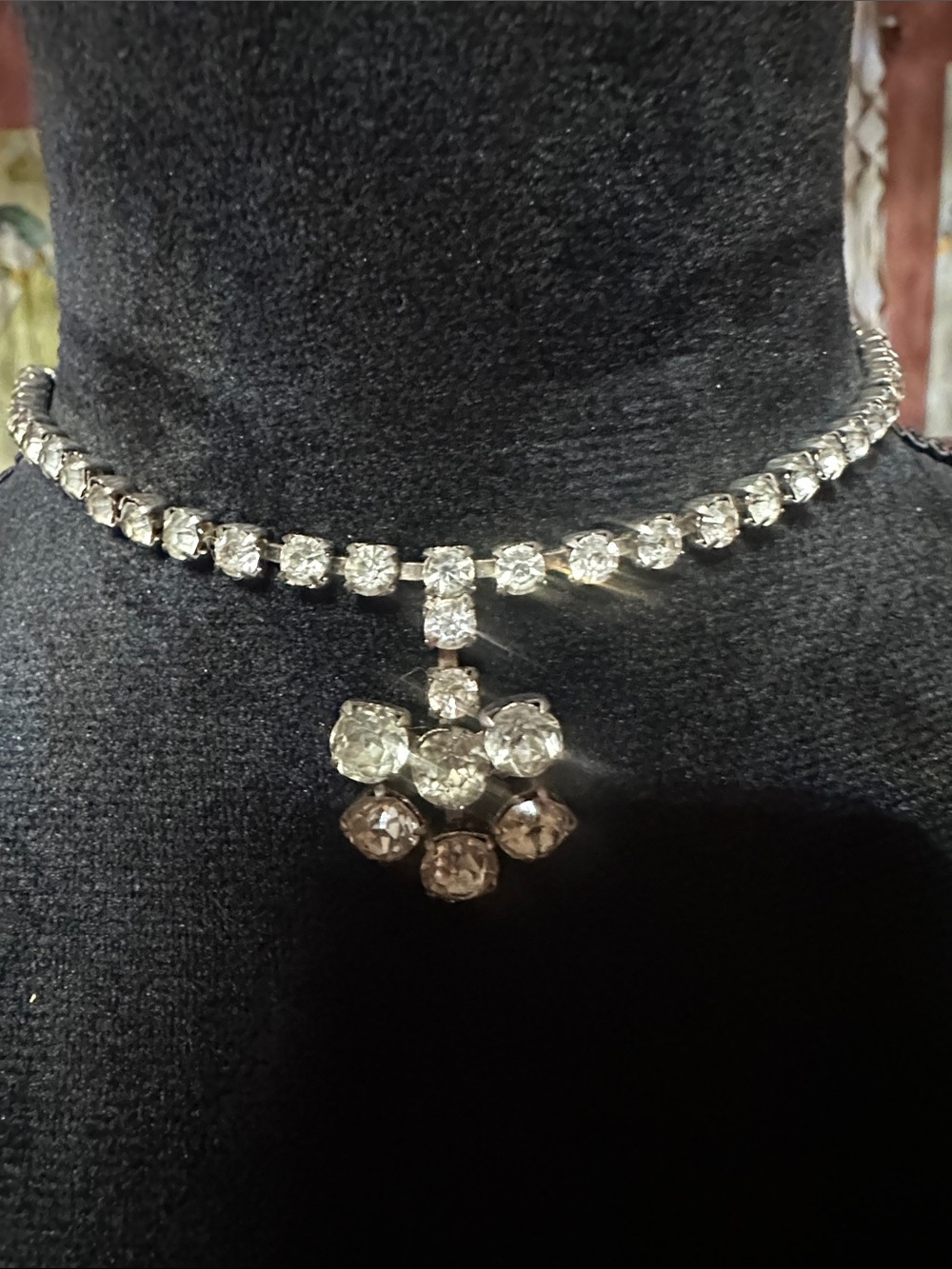 Crystal Tennis Choker Necklace with Pendant - Silver Tone
